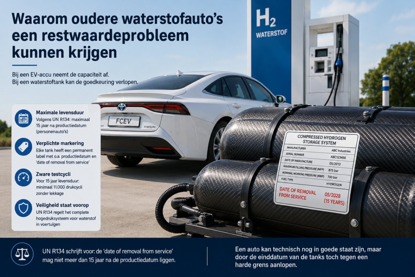 Gebruikte waterstofauto’s verouderen anders dan gewone EV’s. De waterstoftanks hebben een einddatum in de regelgeving, en dat kan de restwaarde hard raken.